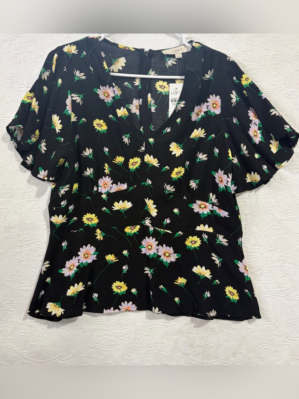LOFT Black Floral V-Neck Peplum Flutter Sleeve Top